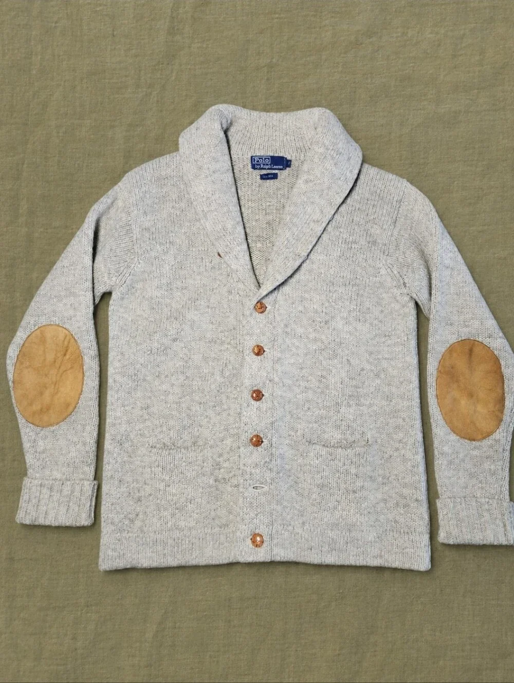 Vintage Polo Ralph Lauren Shawl Collar Wool Cardigan Suede Elbow Patches L